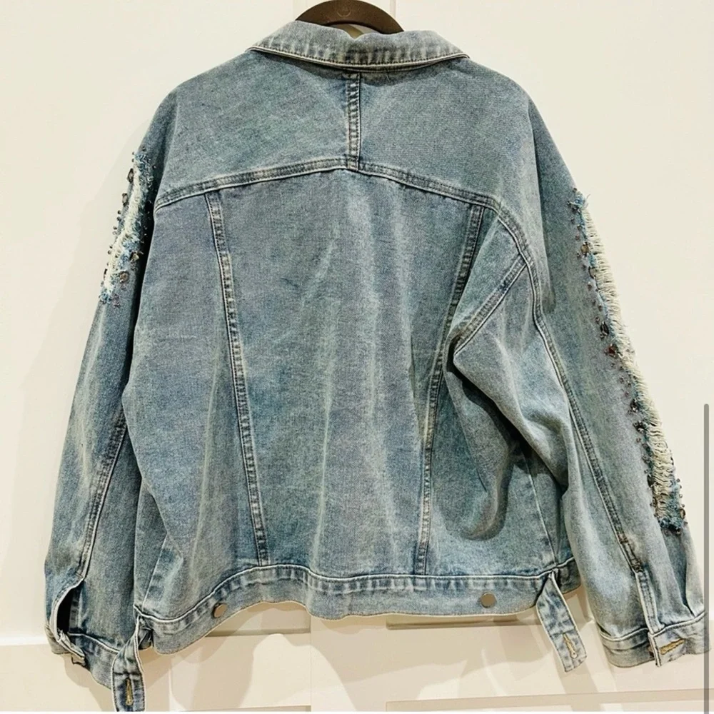 Blue B Collection Embellished Beaded Rhinestone Jean Jacket (L)